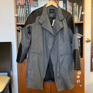 Long wool motorcycle style coat with faux leather details